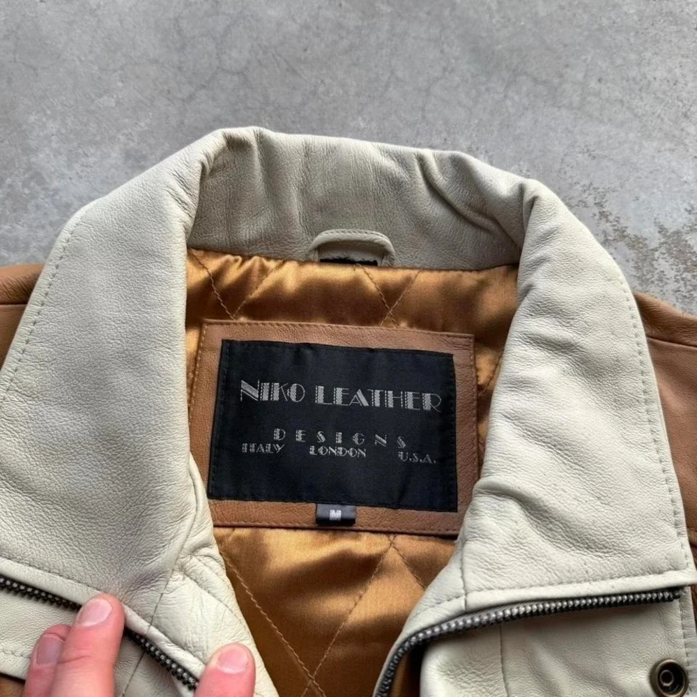 Vintage 90's brown and white leather boxy fit zip up jacket